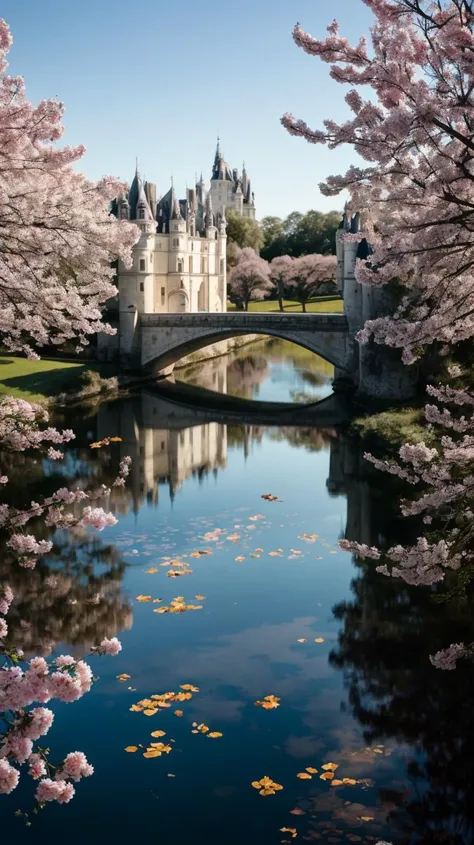 a profestional picutre of  Château de Chenonceau, France: Château de Chenonceau, spanning the River Cher, becomes a fairy-tale setting in spring, where its gardens burst with tulips and roses, and the reflections of blossoming trees create a poetic scene on the water. ,
wide angle, landscape , 
photorealism,unreal 5 daz, extremely detailed ,((ultrasharp)),((masterpiece)),((best quality)),((ultradetailed)),((intricated details)), extremaly detailed background, <lora:add_detail:0.7> ultra realistic,32k,RAW photo, 8k ,dslr,soft lighting,high quality,film grain, beautiful and aesthetic,extremely detailed, natural shadows,