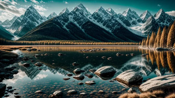 a profestional picutre of Ecrins National Park, France: Ecrins National Park, with its rugged alpine terrain, showcases autumn's grandeur. Glacial lakes mirror the surrounding peaks, and alpine meadows transform into a carpet of golden and bronze tones, while marmots prepare for winter amid the changing landscape. ,wide angle, landscape , photorealism,unreal 5 daz, extremely detailed ,((ultrasharp)),((masterpiece)),((best quality)),((ultradetailed)),((intricated details)), extremaly detailed background, <lora:add_detail:0.7> ultra realistic,32k,RAW photo, 8k ,dslr,soft lighting,high quality,film grain, beautiful and aesthetic,extremely detailed, natural shadows, <hypernet:sxzBloom_sxzBloom:0.7> <lora:hyperdetailer_v095:0.74>