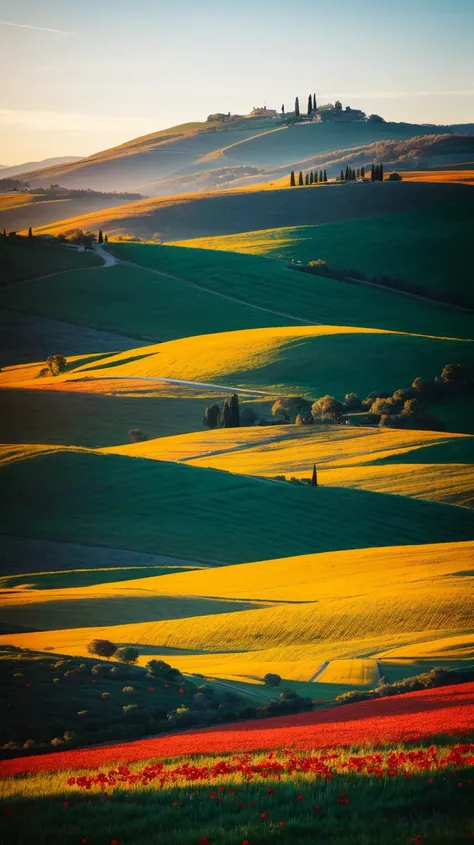 a profestional picutre of Tuscany, Italy: Tuscany's rolling hills come alive in spring, as vineyards and olive groves awaken, and the landscape is dotted with poppies and wildflowers, creating a captivating scene of renewal and natural beauty. ,
wide angle, landscape ,
photorealism,unreal 5 daz, extremely detailed ,((ultrasharp)),((masterpiece)),((best quality)),((ultradetailed)),((intricated details)), extremaly detailed background, <lora:add_detail:0.7> ultra realistic,32k,RAW photo, 8k ,dslr,soft lighting,high quality,film grain, beautiful and aesthetic,extremely detailed, natural shadows,
