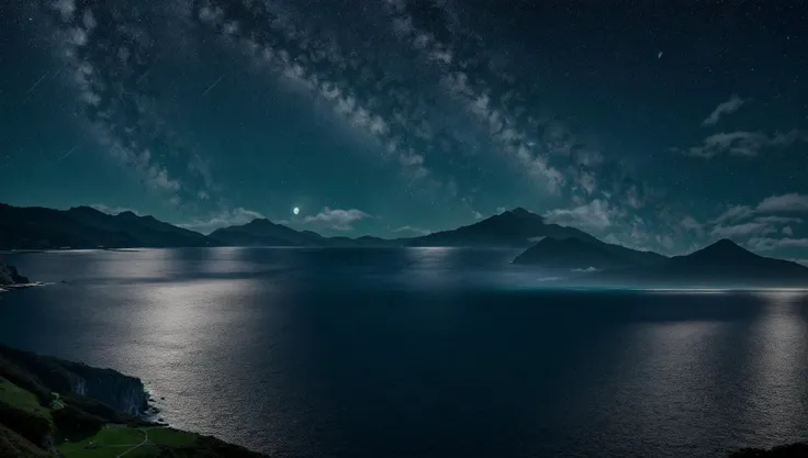 ((masterpiece:1.4,best quality)),  cloud,   outdoors,  (ocean:1.6),bloom, sparkle, ( mountain line in background:1.2), open sea,
scenery,  sky,
(night:1.4),   moon,  moonlight,  high detail, abundant, 8k, high detail,   wallpaper