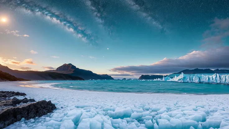 ((masterpiece:1.4,best quality)), cloud, outdoors, (ocean:1.6),bloom, sparkle, icy beach
scenery, sky, snow, glacier
(night:1.4), moon, moonlight, high detail, abundant, 8k, high detail, wallpaper