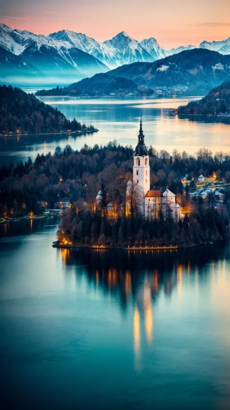 a profestional picutre of  Bled, Slovenia: Bled, with its iconic lake and castle, becomes a romantic haven in spring, where the island church is surrounded by blooming trees, and the Julian Alps provide a stunning backdrop to the emerald-green waters. ,
wide angle, landscape , 
photorealism,unreal 5 daz, extremely detailed ,((ultrasharp)),((masterpiece)),((best quality)),((ultradetailed)),((intricated details)), extremaly detailed background, <lora:add_detail:0.7> ultra realistic,32k,RAW photo, 8k ,dslr,soft lighting,high quality,film grain, beautiful and aesthetic,extremely detailed, natural shadows,