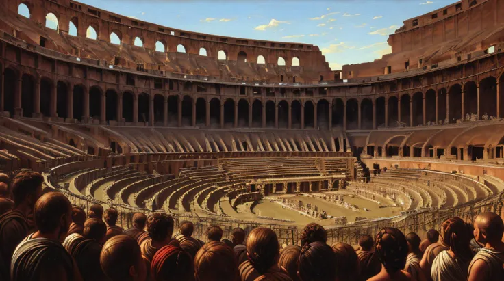 excellent oil painting of Ancient Roman Colosseum: A grand amphitheater filled with cheering spectators and gladiator contests. , best quality, maximum quality, intricate details, ultrasahrp, ambient oclusion, realistic shadows, art by Bastien Lecouffe Deharme, art by caravaggio, art by Hitler, 8k, oil art, <lora:add_detail:1> <lora:royta v1.1:0.4>, 8k perfect quality,
