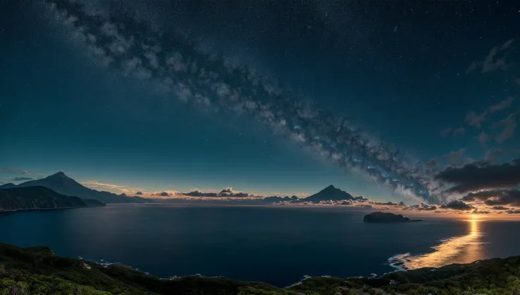 ((masterpiece:1.4,best quality)), cloud, outdoors, (ocean:1.6),bloom, sparkle, ( mountain line in background:1.2), open sea,
scenery, sky,
(night:1.4), moon, moonlight, high detail, abundant, 8k, high detail, wallpaper