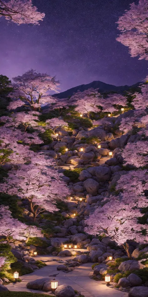 <lora:add_detail:1>masterpiece, extremely detailed, prefect quality, most detail, ray tracing, 8k, purple cherry blossoms, japanese garden, peaceful, night, full moon, stars, 1 frame, purple theme