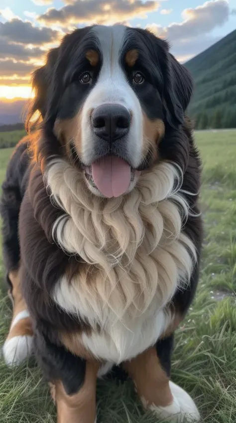 high quality, high resolution, extreme detail, masterpiece, sunset, bernese mountain dog, realistic eyes, <lora:Bernese-Mountain-Dog_LoRA:1>