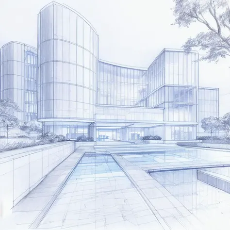 sketch,building,water,reflection,stones,tree,Curve,blue sky,night,futuristic,modern,expensive,cool, sketch, outline plan, building plan, blueprint, detailed, best buildings, pencil sketch, sketch of buildings
