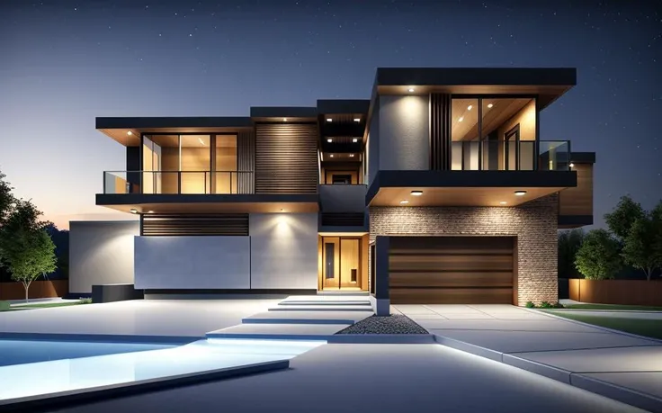 modern, office building, night, wood, stone facade, blue night, brick, mall, night light, glass, villa, (masterpiece,best quality:1.5)