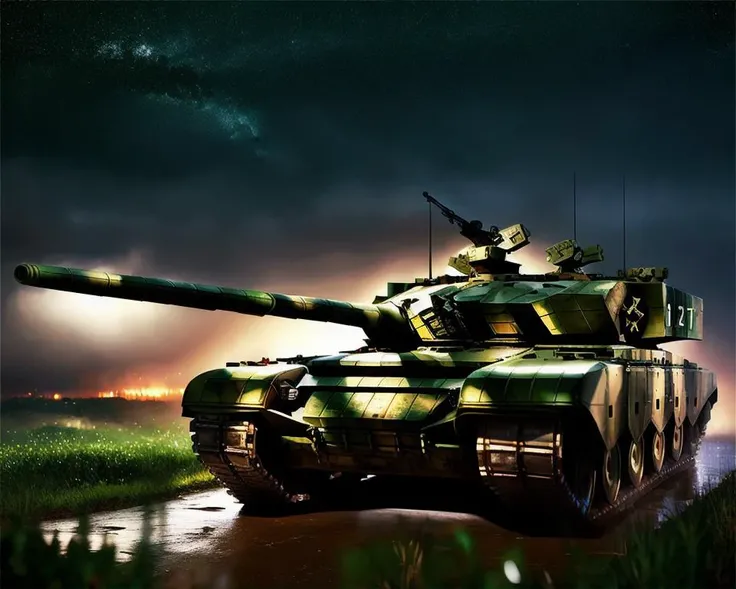 99A,tank,vehicle focus,battle field,rain,night,photorealistic,realistic,masterpiece,best quality,highres,<lora:pla_99A_tank:0.85>,