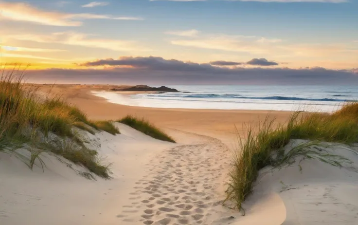 emulate NIKON DSLR with 11-24mm wide angle lens shutter speed 1/125 ISO 100 Aperture f/8 realistic photograph, North Sea German beach landscape, single path of footsteps in the sand, Ultra-HD, 8k, phtdzk1, by Jordan Hammond, Instagram, blink-and-you-miss-it detail, crepuscular rays, vivid