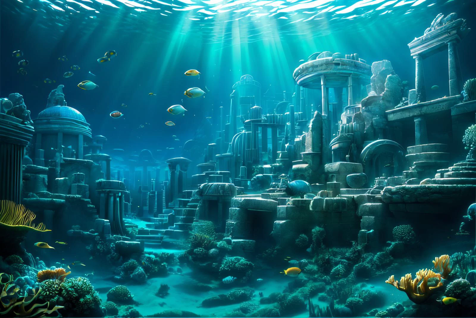 Real:2.0, Fujifilm XT,UHD, Photorealistic, high contrast, epic cinematic, soft studio lights, rim light, absurd, amazing, itricate, hyper detailed, ultra realistic, soft colors, 8K, Beautiful underwater scape,The picture describes an underwater city similar to Atlantis , which you can look down on from above through a huge whirlpool of all kinds of sea creatures circling the city,(hyperdetailed:1.1), (intricate details:1.0), (Refined details:1.1), (detailed radiant face:1.1), (best quality:1.1), 3d render, CGI, octane render, 35mm, bokeh, hdr, (intricate details, hyperdetailed:1.15), (hyperrealism:1.1), <lora:UnderSea:0.8> UnSea <lora:image enhancer extreme_v1:1>