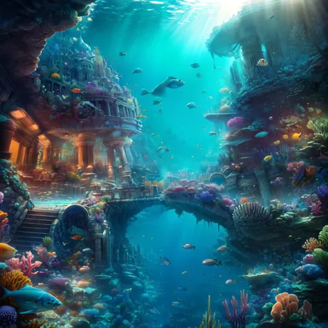 Real:2.0,UHD,Olympus Tough TG-6 shot, Photorealistic, high contrast, epic cinematic, soft studio lights, rim light, absurd, amazing, itricate, hyper detailed, ultra realistic, soft colors, 8K, Beautiful underwater scape,The picture describes an underwater city similar to Atlantis , which you can look down on from above through a huge whirlpool of all kinds of sea creatures circling the city,(hyperdetailed:1.1), (intricate details:1.0), (Refined details:1.1), (detailed radiant face:1.1), (best quality:1.1), 3d render, CGI, octane render, 35mm, bokeh, hdr, (intricate details, hyperdetailed:1.15), (hyperrealism:1.1), <lora:UnderSea:0.8> UnSea  <lora:image enhancer extreme_v1:1>