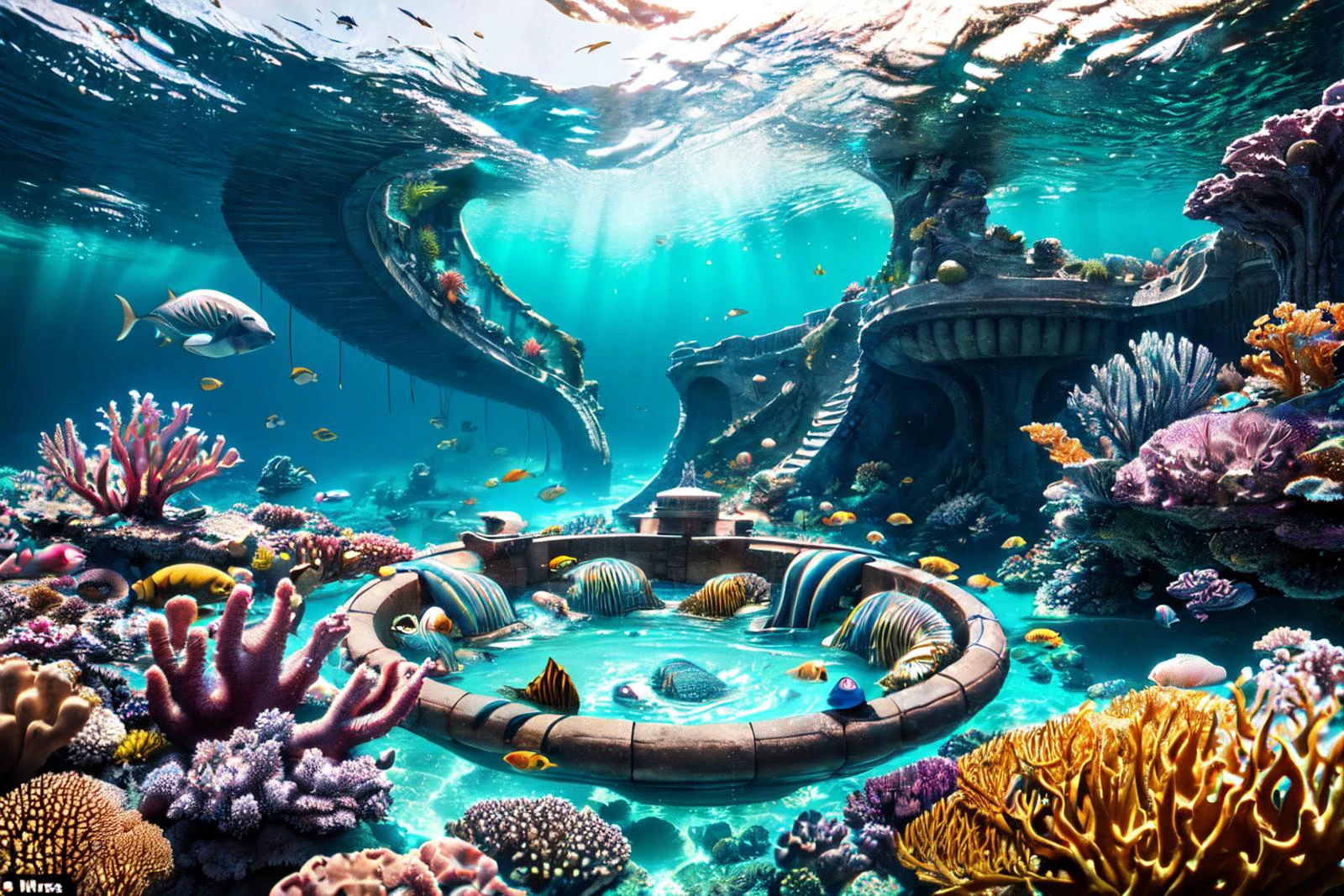 Real:2.0, Fujifilm XT,UHD, Photorealistic, high contrast, epic cinematic, soft studio lights, rim light, absurd, amazing, itricate, hyper detailed, ultra realistic, soft colors, 8K, Beautiful underwater scape,The picture describes an underwater city similar to Atlantis , which you can look down on from above through a huge whirlpool of all kinds of sea creatures circling the city,(hyperdetailed:1.1), (intricate details:1.0), (Refined details:1.1), (detailed radiant face:1.1), (best quality:1.1), 3d render, CGI, octane render, 35mm, bokeh, hdr, (intricate details, hyperdetailed:1.15), (hyperrealism:1.1), <lora:UnderSea:0.8> UnSea <lora:image enhancer extreme_v1:1>