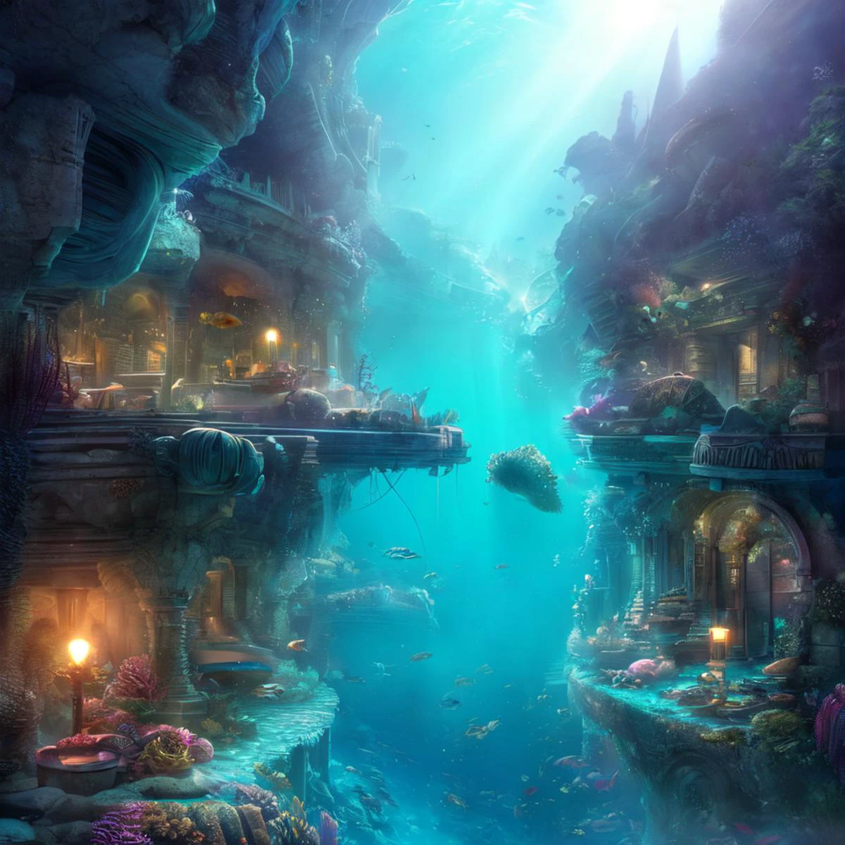 Real:2.0,UHD,Olympus Tough TG-6 shot, Photorealistic, high contrast, epic cinematic, soft studio lights, rim light, absurd, amazing, itricate, hyper detailed, ultra realistic, soft colors, 8K, Beautiful underwater scape,The picture describes an underwater city similar to Atlantis , which you can look down on from above through a huge whirlpool of all kinds of sea creatures circling the city,(hyperdetailed:1.1), (intricate details:1.0), (Refined details:1.1), (detailed radiant face:1.1), (best quality:1.1), 3d render, CGI, octane render, 35mm, bokeh, hdr, (intricate details, hyperdetailed:1.15), (hyperrealism:1.1), <lora:UnderSea:0.8> UnSea <lora:image enhancer extreme_v1:1>