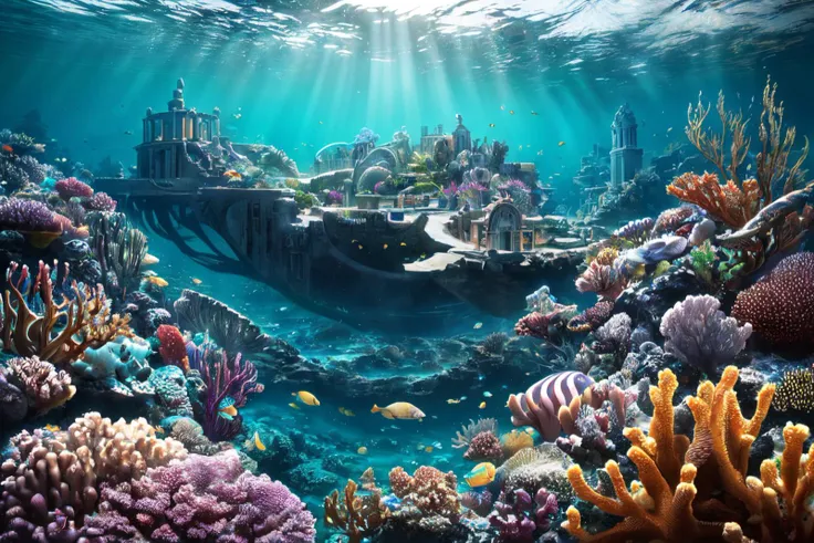 Real:2.0, Fujifilm XT,UHD, Photorealistic, high contrast, epic cinematic, soft studio lights, rim light, absurd, amazing, itricate, hyper detailed, ultra realistic, soft colors, 8K, Beautiful underwater scape,The picture describes an underwater city similar to Atlantis , which you can look down on from above through a huge whirlpool of all kinds of sea creatures circling the city,(hyperdetailed:1.1), (intricate details:1.0), (Refined details:1.1), (detailed radiant face:1.1), (best quality:1.1), 3d render, CGI, octane render, 35mm, bokeh, hdr, (intricate details, hyperdetailed:1.15), (hyperrealism:1.1), <lora:UnderSea:0.8> UnSea