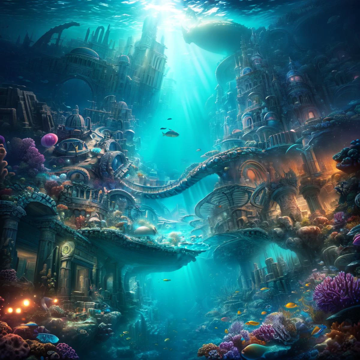 Real:2.0,UHD,Olympus Tough TG-6 shot, Photorealistic, high contrast, epic cinematic, soft studio lights, rim light, absurd, amazing, itricate, hyper detailed, ultra realistic, soft colors, 8K, Beautiful underwater scape,The picture describes an underwater city similar to Atlantis , which you can look down on from above through a huge whirlpool of all kinds of sea creatures circling the city,(hyperdetailed:1.1), (intricate details:1.0), (Refined details:1.1), (detailed radiant face:1.1), (best quality:1.1), 3d render, CGI, octane render, 35mm, bokeh, hdr, (intricate details, hyperdetailed:1.15), (hyperrealism:1.1), <lora:UnderSea:0.8> UnSea <lora:image enhancer extreme_v1:1>