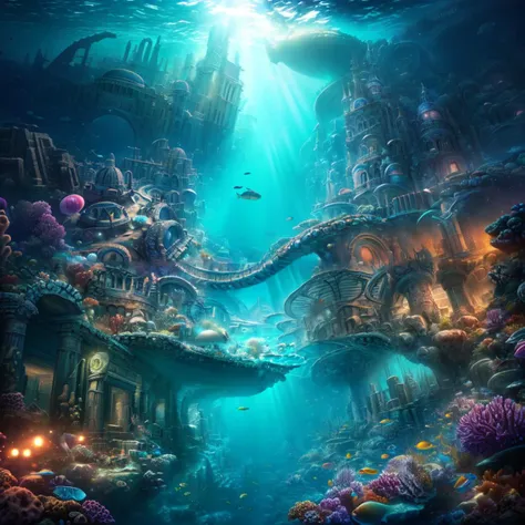 Real:2.0,UHD,Olympus Tough TG-6 shot, Photorealistic, high contrast, epic cinematic, soft studio lights, rim light, absurd, amazing, itricate, hyper detailed, ultra realistic, soft colors, 8K, Beautiful underwater scape,The picture describes an underwater city similar to Atlantis , which you can look down on from above through a huge whirlpool of all kinds of sea creatures circling the city,(hyperdetailed:1.1), (intricate details:1.0), (Refined details:1.1), (detailed radiant face:1.1), (best quality:1.1), 3d render, CGI, octane render, 35mm, bokeh, hdr, (intricate details, hyperdetailed:1.15), (hyperrealism:1.1), <lora:UnderSea:0.8> UnSea  <lora:image enhancer extreme_v1:1>