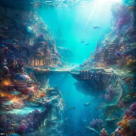 Real:2.0,UHD,Olympus Tough TG-6 shot, Photorealistic, high contrast, epic cinematic, soft studio lights, rim light, absurd, amazing, itricate, hyper detailed, ultra realistic, soft colors, 8K, Beautiful underwater scape,The picture describes an underwater city similar to Atlantis , which you can look down on from above through a huge whirlpool of all kinds of sea creatures circling the city,(hyperdetailed:1.1), (intricate details:1.0), (Refined details:1.1), (detailed radiant face:1.1), (best quality:1.1), 3d render, CGI, octane render, 35mm, bokeh, hdr, (intricate details, hyperdetailed:1.15), (hyperrealism:1.1), <lora:UnderSea:0.8> UnSea  <lora:image enhancer extreme_v1:1>