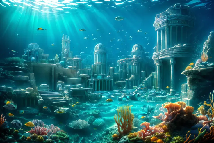 Real:2.0, Fujifilm XT,UHD, Photorealistic, high contrast, epic cinematic, soft studio lights, rim light, absurd, amazing, itricate, hyper detailed, ultra realistic, soft colors, 8K, Beautiful underwater scape,The picture describes an underwater city similar to Atlantis , which you can look down on from above through a huge whirlpool of all kinds of sea creatures circling the city,(hyperdetailed:1.1), (intricate details:1.0), (Refined details:1.1), (detailed radiant face:1.1), (best quality:1.1), 3d render, CGI, octane render, 35mm, bokeh, hdr, (intricate details, hyperdetailed:1.15), (hyperrealism:1.1), <lora:UnderSea:0.8> UnSea  <lora:image enhancer extreme_v1:1>