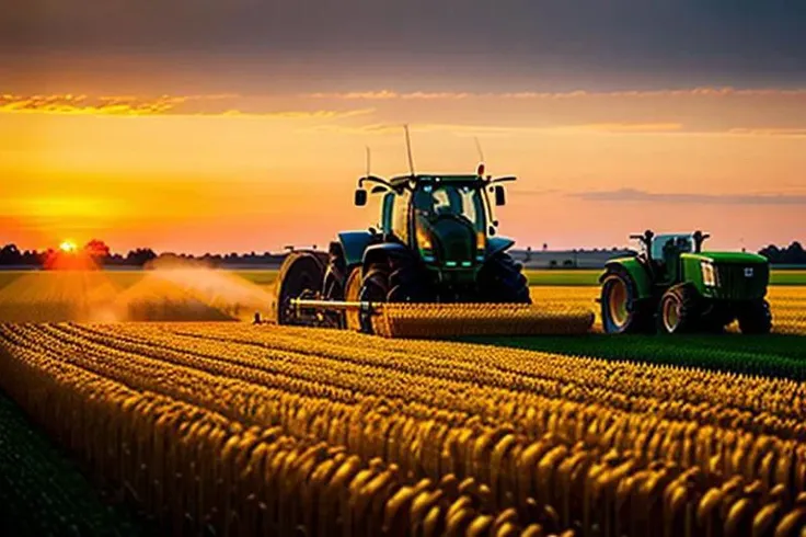 a tractor harvesting golden wheat, a very large field, sunset, uhd, 8k,