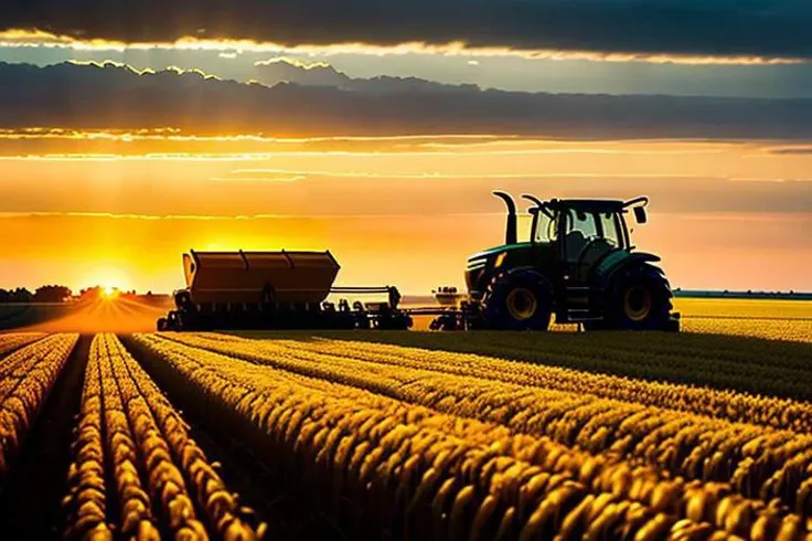 a tractor harvesting golden wheat, a very large field, sunset, uhd, 8k,