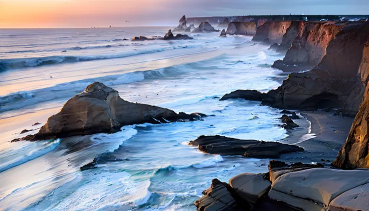 coastline beach rocky seas stacks sea arch cliff surf horizon Oregon twilight gradient sky photo raw detailed grainy dusk shale rock strata sea birds crashing waves grass sandy wet boulder peebles mist spray reflection shiny craggy