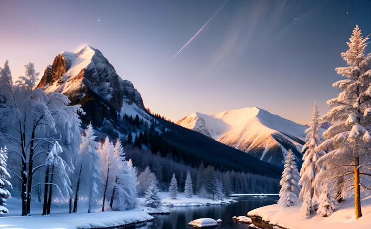 photo landscape snow covered mountain range canon 4d, 4k high quality, high resolution, cinematic lighting, volumetric lighting, specular highlights bounce lighting BREAK (background bokeh blank:1.5), <lora:Zoom Slider v1 plusneg7:7> (foreground Icey stream and boulders:1.4) <lora:epi_noiseoffset2:0.5> <lora:add_detail:0.4> red sunset pine trees (moonrise crescent moon:1.3)