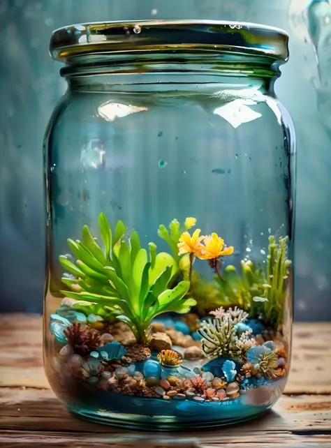 photo landscape jar glass jar filled with water opaque underwater blue|green tint seawater (tropical fish:1.5) tropical coral reef caustics seabed rocks seaweed godrays green plants bubbles wet liquid sand pebbles canon 4d, 4k high quality, high resolution, cinematic lighting, volumetric lighting, specular highlights bounce lighting refraction reflection BREAK (background bokeh blank:1.75), <lora:landscape jar:1.5> <lora:Zoom Slider v1 plusneg7:6> <lora:Add More Details- High -detail++:0.33> veins ((detailed plants) complex_plants