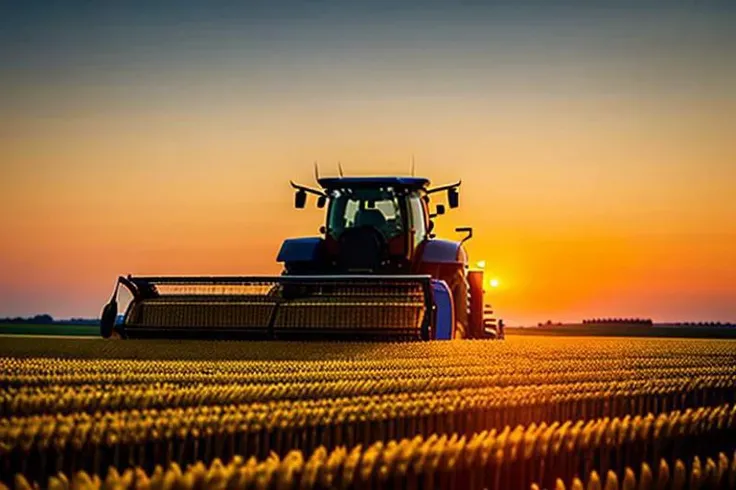 a tractor harvesting golden wheat, a very large field, sunset, uhd, 8k,