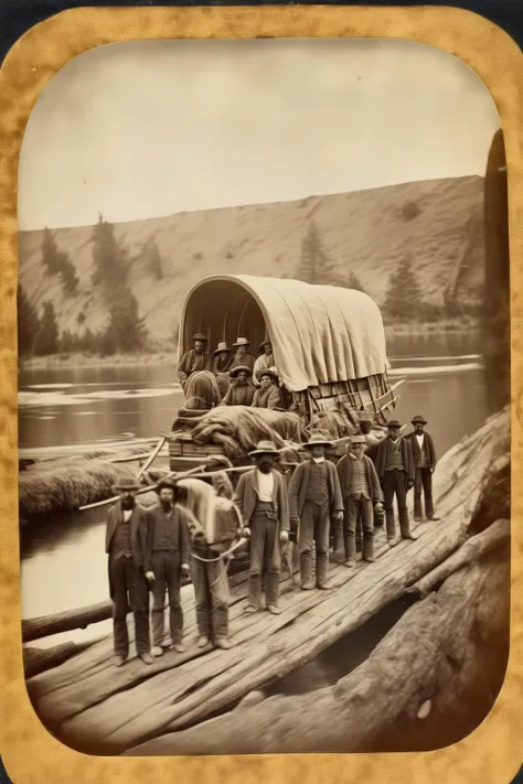 <lora:Albumen Print:1>Albumen Print - a covered wagon on the oregon trail being ferried across the river on a large log ferry raft guided by river men, approximately 1845, in the style of a tintype photograph