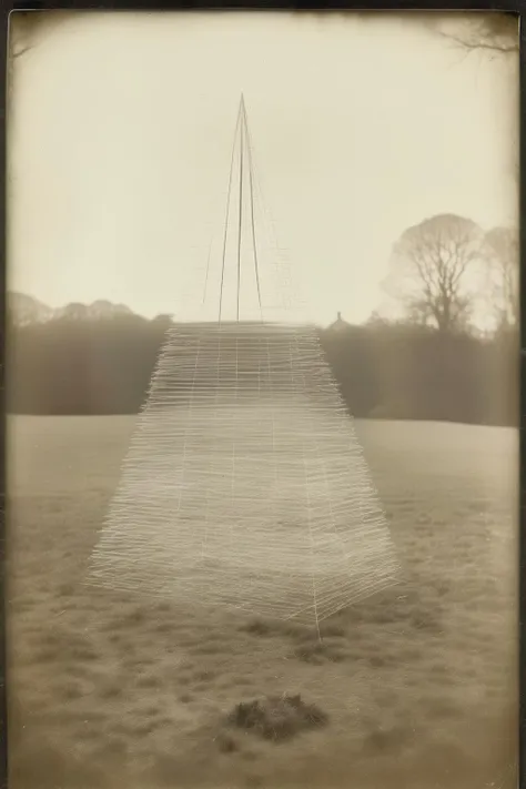 <lora:Albumen Print:1>Albumen Print - vintage Victorian 19th century faded and pale monochromatic odd foxed photograph of a weird surreal floating prism framework constructed of skeletal white threads weirdly and intricately connected and suspended above a shadow in the middle in an English field, pagan