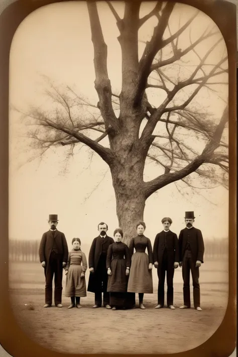 <lora:Albumen Print:1>Albumen Print - Photo from 1890 showing family of 4 people from poland in the distance. in front of the tree Black and white photo with accents of mild beige.