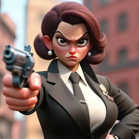 a female mafia pointing a gun to camera, city background <lora:SamaritanEsdxl:0.7>