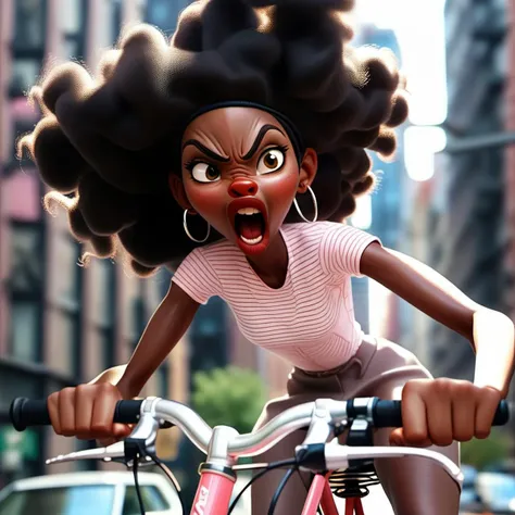 angry black woman riding a bicycle, city background <lora:SamaritanEsdxl:0.7>