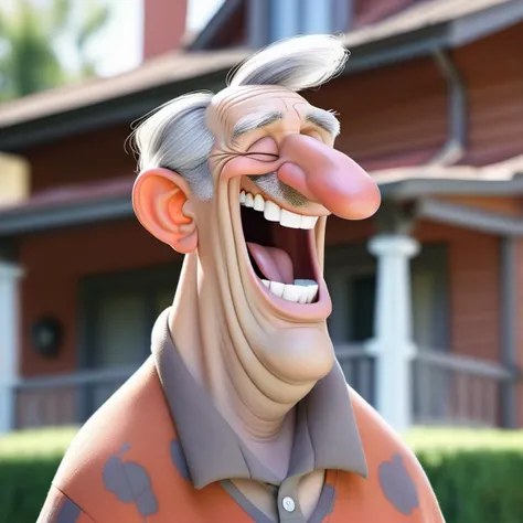 a man with big nose and gray hair laughing, blurred suburban house background <lora:SamaritanEsdxl:0.7>