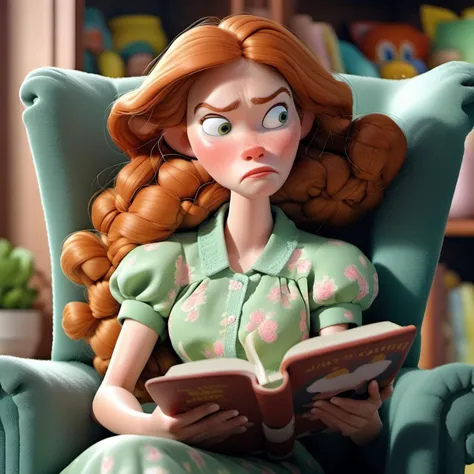 aa woman in green dress sitting in a chair reading a book with a puzzled look on her face and her hand on her chin,brown hair, living room background <lora:SamaritanEsdxl:0.7>