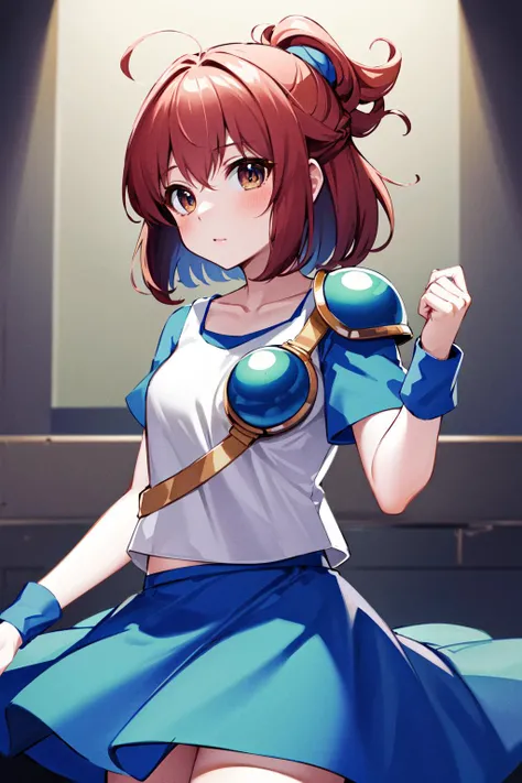 masterpiece, best quality, highres, nadja1, arle nadja, 1girl, half updo, solo, blue skirt, blue short sleeves, armor, collarbone, white shirt, wrist cuffs, chibi, <lora:arle_nadja_v1:0.75>, cowboy shot