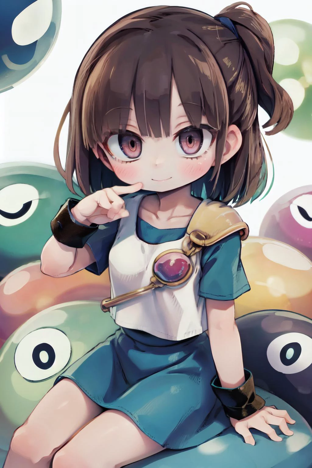 (masterpiece, best quality;1.3), extremely detailed, 1girl, solo, looking at viewer, smile,, (blue skirt), blue short sleeves, many puyo puyo background, brown hair,
nadja1, 1girl<lora:arle_nadja_v1:0.78>, puyo puyo, collarbone, white shirt, wrist cuffs, sitting puyo,
big slime with comical eyes background, many colors, puyo puyo wall, puyo puyo galaxy,