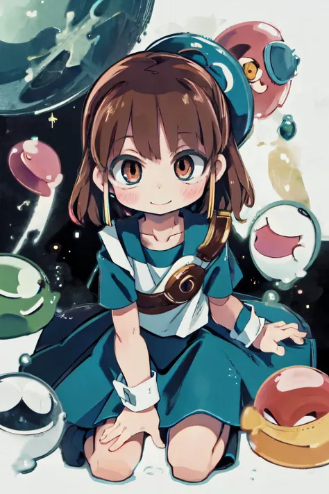 (masterpiece, best quality;1.3), extremely detailed, 1girl, solo, looking at viewer, smile,, (blue skirt), blue short sleeves,  puyo background, brown hair,
nadja1, 1girl<lora:arle_nadja_v1:0.78>, puyo puyo,  collarbone, white shirt, wrist cuffs, kneeling, 
many colors, puyo wall, puyo galaxy, falling puyo, from above, <lora:animetarotV51:1.3>