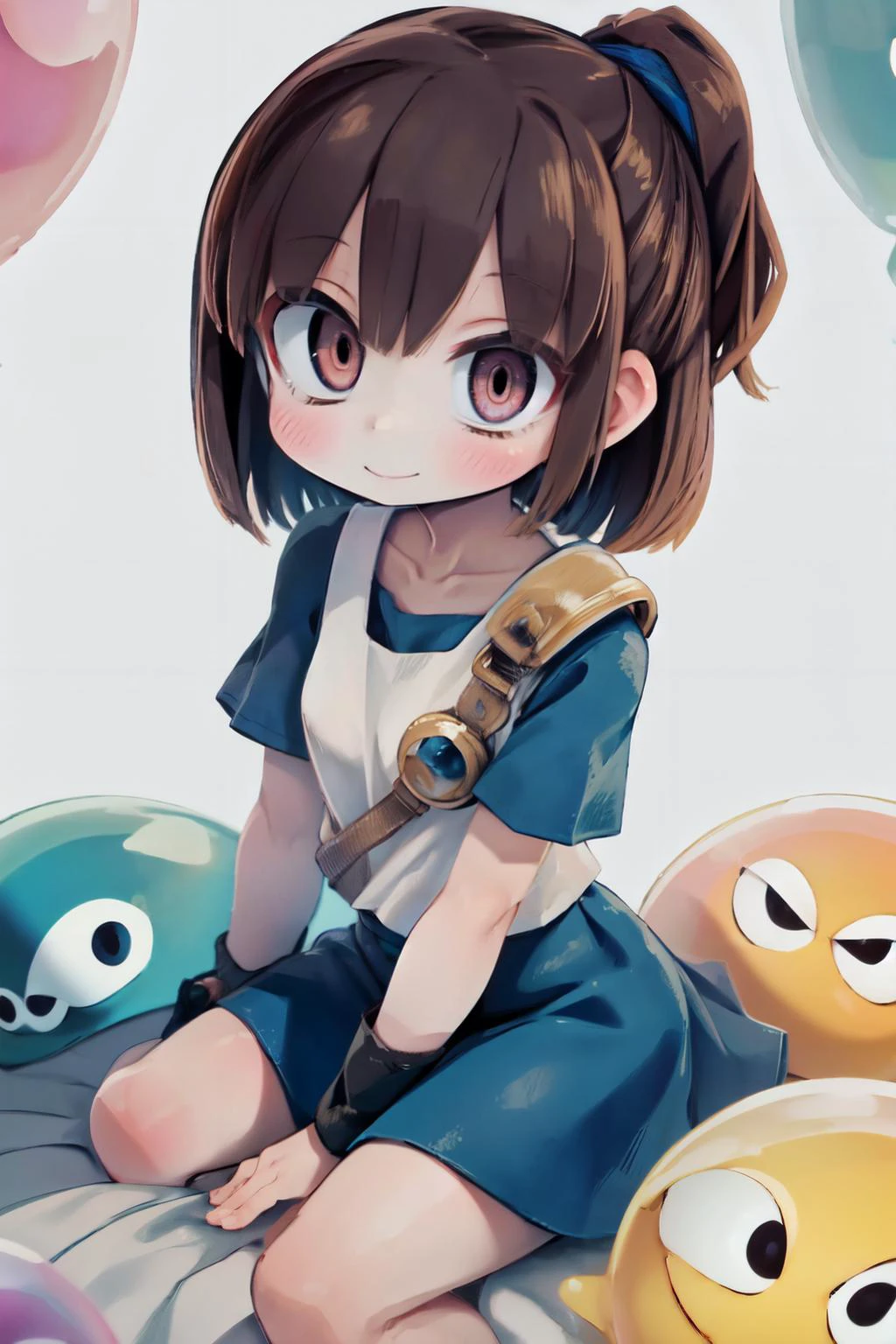 (masterpiece, best quality;1.3), extremely detailed, 1girl, solo, looking at viewer, smile,, (blue skirt), blue short sleeves, many puyo puyo background, brown hair,
nadja1, 1girl<lora:arle_nadja_v1:0.78>, puyo puyo, collarbone, white shirt, wrist cuffs, sitting puyo,
big slime with comical eyes background, many colors, puyo puyo wall, puyo puyo galaxy,