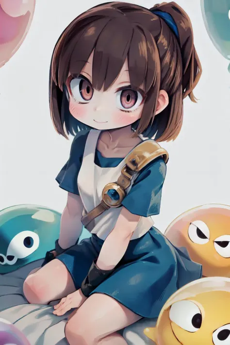 (masterpiece, best quality;1.3), extremely detailed, 1girl, solo, looking at viewer, smile,, (blue skirt), blue short sleeves, many puyo puyo background, brown hair,
nadja1, 1girl<lora:arle_nadja_v1:0.78>, puyo puyo,  collarbone, white shirt, wrist cuffs, sitting puyo,
big slime with comical eyes background, many colors, puyo puyo wall, puyo puyo galaxy,