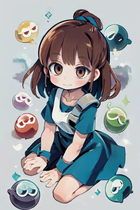 (masterpiece, best quality;1.3), extremely detailed, 1girl, solo, looking at viewer, smile,, (blue skirt), blue short sleeves,  puyo background, brown hair,
nadja1, 1girl<lora:arle_nadja_v1:0.78>, puyo puyo,  collarbone, white shirt, wrist cuffs, kneeling, 
many colors, puyo wall, puyo galaxy, falling puyo, from above, <lora:animetarotV51:0.9>