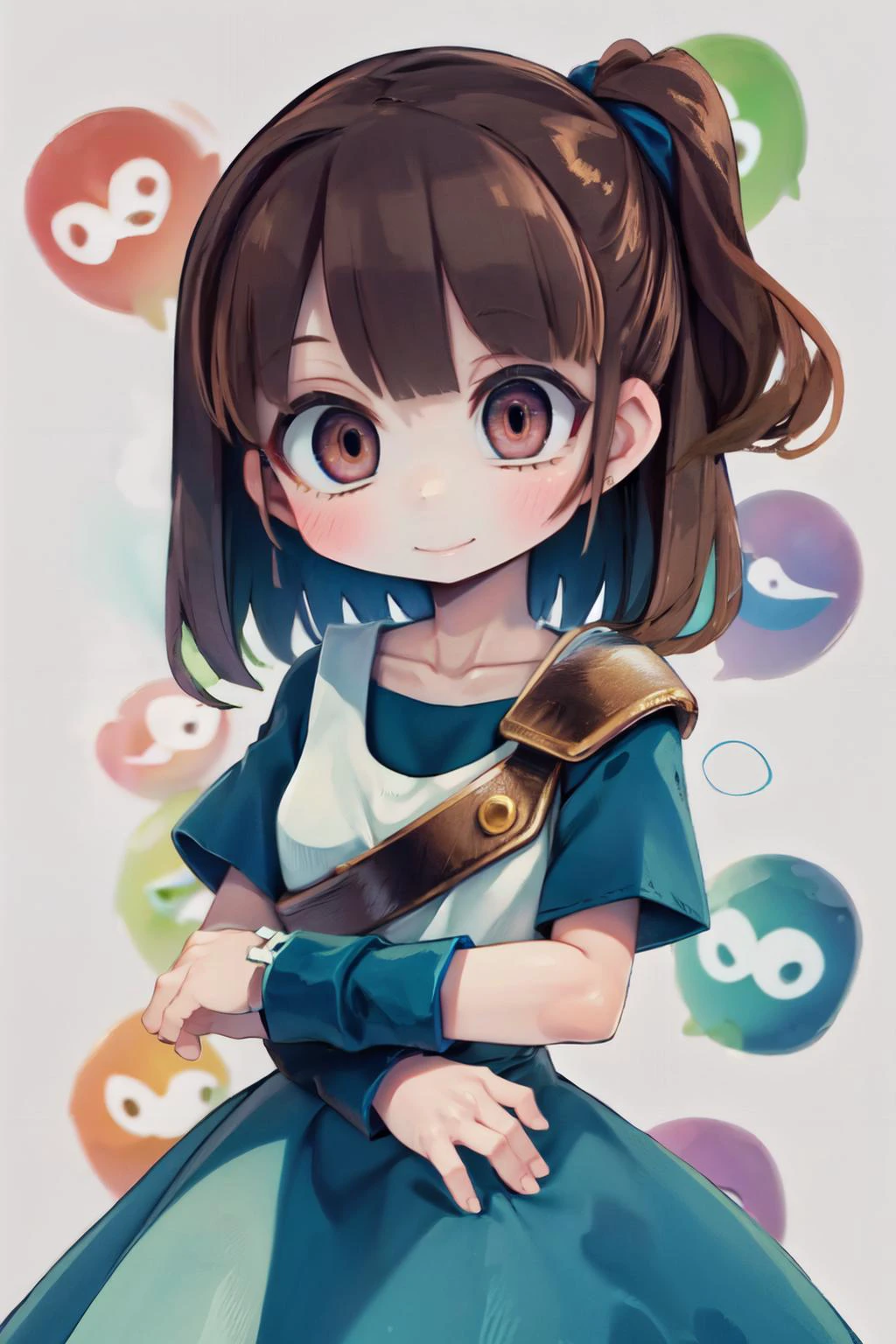 (masterpiece, best quality;1.3), extremely detailed, 1girl, solo, looking at viewer, smile,, (blue skirt), blue short sleeves, many puyo puyo background, brown hair,
nadja1, 1girl<lora:arle_nadja_v1:0.78>, puyo puyo, collarbone, white shirt, wrist cuffs, standing on lot of puyo ,
many colors, puyo wall, puyo galaxy, falling puyo, hugging puyo,