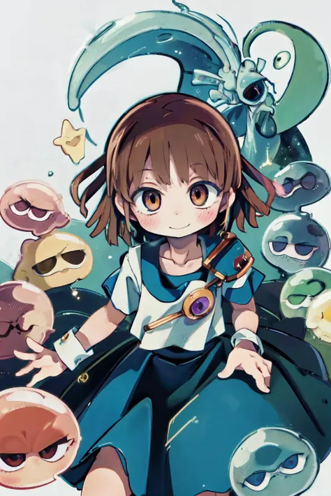 (masterpiece, best quality;1.3), extremely detailed, 1girl, solo, looking at viewer, smile,, (blue skirt), blue short sleeves,  puyo background, brown hair,
nadja1, 1girl<lora:arle_nadja_v1:0.78>, puyo puyo,  collarbone, white shirt, wrist cuffs, kneeling, 
many colors, puyo wall, puyo galaxy, falling puyo, from above, <lora:animetarotV51:1.3>