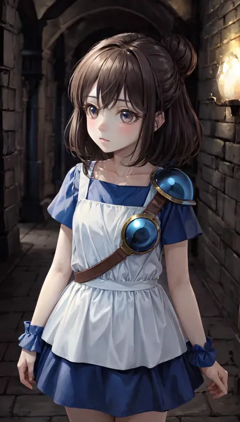 (dark:1.2), (dungeon) , <lyco:dungeon_v2.0:1.2>, indoors,
<lyco:arle_nadja_v1:0.75>, nadja1, arle nadja, brown eyes, half updo,brown hair, blue skirt, blue short sleeves, armor, collarbone, white shirt, wrist cuffs,
(8k, masterpiece, best quality, ultra-detailed),
1girl, solo,
kawaii, cute, very big eyes, Aesthetic Anime Eyes, small face,
hallway,
cowboy shot,
(open mouth:0.5),looking away, looking at another, looking afar,