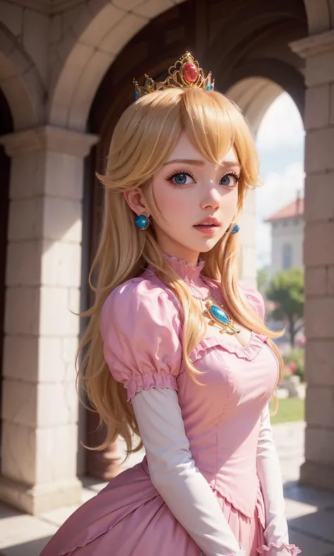 absurdres, 1girl,medium breast, star eye, (princess peach), blush, (realistic:1.5), (blue eyes:0.8), (masterpiece, Extremely detailed CG unity 8k wallpaper, best quality, highres:1.2), (ultra_detailed, UHD:1.2), (pixiv:1.3), perfect illumination, distinct, (1girl:1.4), (bishoujo:1.2), looking at viewer, unreal engine, sidelighting, perfect face, detailed face, bangs, perfect body, beautiful eyes, pretty face, (bright skin:1.4), idol, ulzzang-6500-v1.1, castle, <lora:princessPeachMario_v10:0.5>