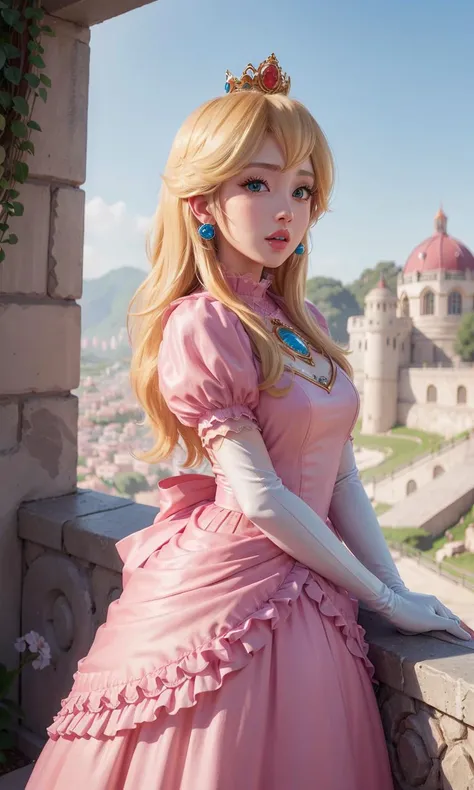 absurdres, 1girl,medium breast, star eye, (princess peach), blush, (realistic:1.5), (blue eyes:0.8), (masterpiece, Extremely detailed CG unity 8k wallpaper, best quality, highres:1.2), (ultra_detailed, UHD:1.2), (pixiv:1.3), perfect illumination, distinct, (1girl:1.4), (bishoujo:1.2), looking at viewer, unreal engine, sidelighting, perfect face, detailed face, bangs, perfect body, beautiful eyes, pretty face, (bright skin:1.4), idol, ulzzang-6500-v1.1, castle, <lora:princessPeachMario_v10:0.5>