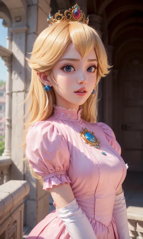 absurdres, 1girl,medium breast, star eye, (princess peach), blush, (realistic:1.5), (blue eyes:0.8), (masterpiece, Extremely detailed CG unity 8k wallpaper, best quality, highres:1.2), (ultra_detailed, UHD:1.2), (pixiv:1.3), perfect illumination, distinct, (1girl:1.4), (bishoujo:1.2), looking at viewer, unreal engine, sidelighting, perfect face, detailed face, bangs, perfect body, beautiful eyes, pretty face, (bright skin:1.4), idol, ulzzang-6500-v1.1, castle, <lora:princessPeachMario_v10:0.5>