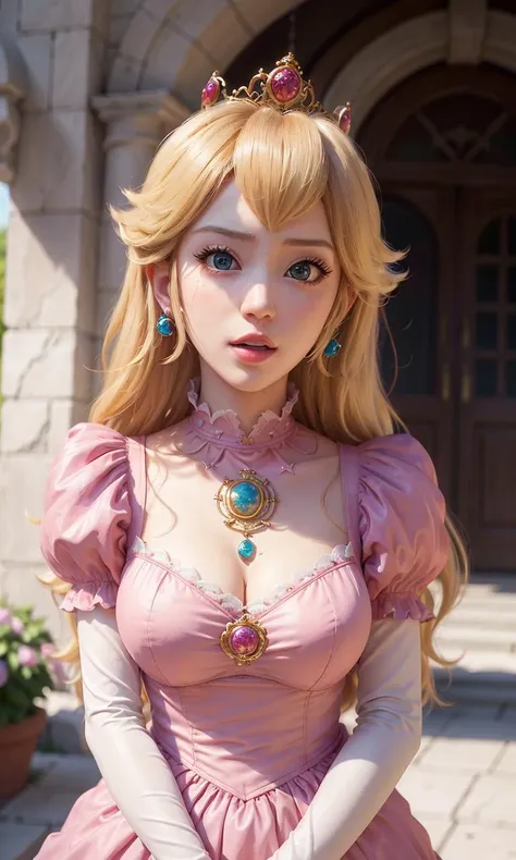 highres, masterpiece, perfect lightning, bloom, cinematic lighting, , perfect skin, female, ((cowboy shot)), Wide-Legged Seated Forward Bend, smile, narrow waist, skinny,  (PrincessPeach), (Princess Peach), (Pink dress:1.6), choker, detailed eyes, blue eyes, choker, , Secret garden, pink lips, pumps, glossy skin, oily skin, beautiful light, (day:1.3), bright, ((nsfw)), (cum on clothes:1.3)