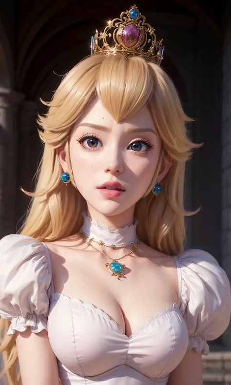 absurdres, 1girl,medium breast, star eye, (princess peach), blush, (realistic:1.5), (blue eyes:0.8), (masterpiece, Extremely detailed CG unity 8k wallpaper, best quality, highres:1.2), (ultra_detailed, UHD:1.2), (pixiv:1.3), perfect illumination, distinct, (1girl:1.4), (bishoujo:1.2), looking at viewer, unreal engine, sidelighting, perfect face, detailed face, bangs, perfect body, beautiful eyes, pretty face, (bright skin:1.4), idol, ulzzang-6500-v1.1, castle, <lora:princessPeachMario_v10:0.5>